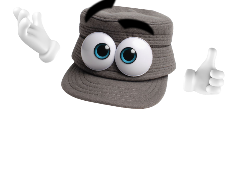 Anthropomorphised grey army cap with blue eyes and raised eyebrows 